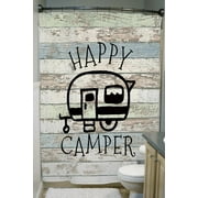 Happy Campers Shower Curtain Retro Rustic Wood Neutral Color For Travel Trailer Camping Motor RV Bathroom Stall Shower Curtain Set, Small Size Waterproof Fabric Shower Cutain, Hooks Include 47x64